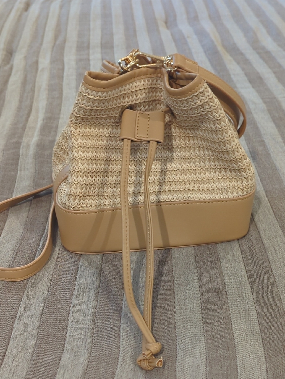Beige Woven Drawstring Bucket Bag - Unbranded